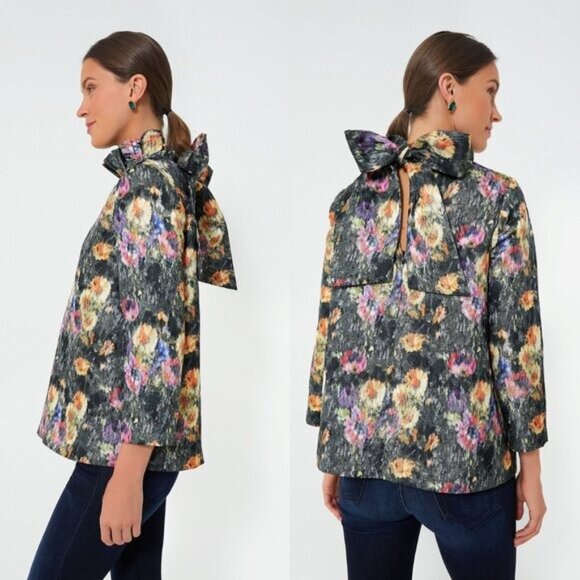 Tuckernuck NEW Midnight Primrose Jacquard Preppy Floral Bow Blouse Size M - Picture 2 of 8